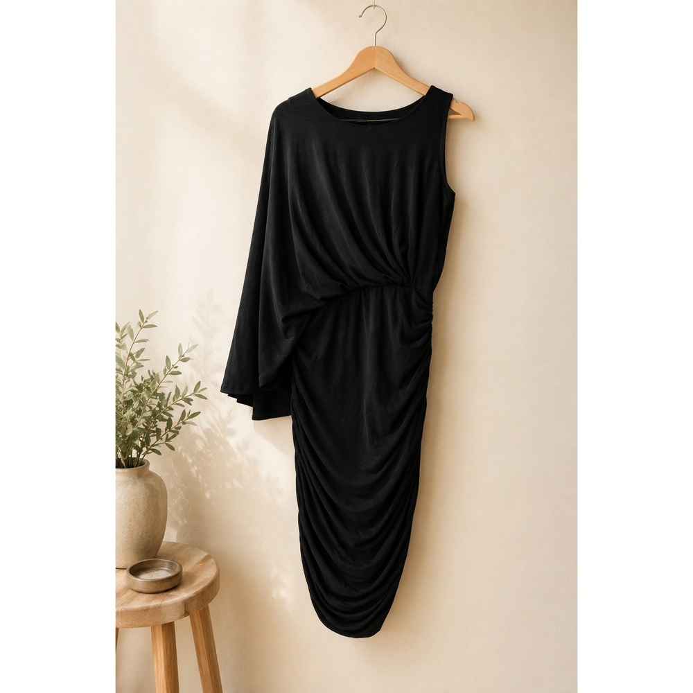 BCBG Max Azria Black One Shoulder Draped Cocktail Dress Size M Bodycon Evening